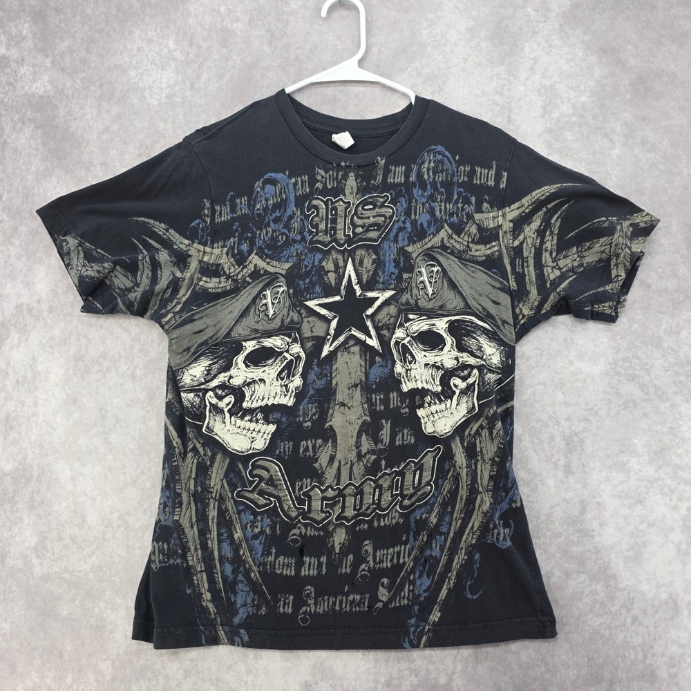 2008 US Army Skull Graphic T-Shirt Black Anvil Y2K Grunge Mens Medium Distressed